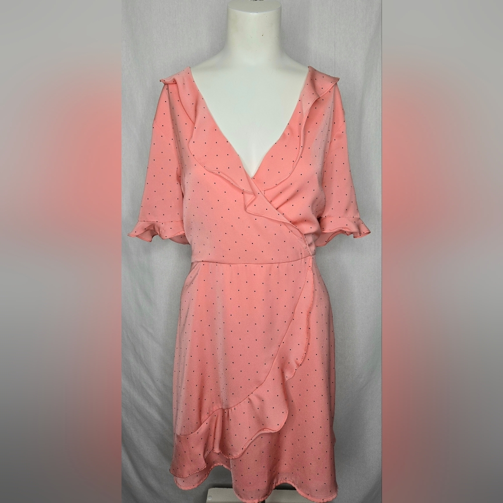 BCBGeneration Peach/Pink Polka Dot‎ Ruffle Faux Wrap Dress Size Large
